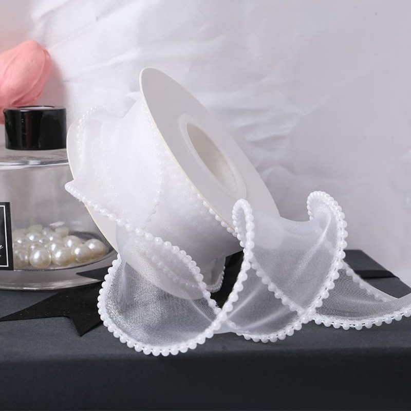 5 Yards White Faux Pearl Edge  - огляд і ціна Organza Ribbon Spool