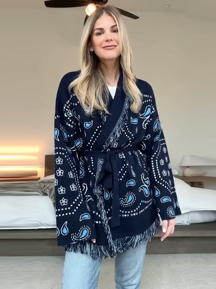 Elegant Print Tassel Cardigan  - огляд і ціна Tassel Fringe Trim